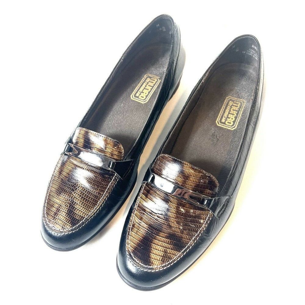 Munro American Horsebit Loafers Shoes Women's Size 9M Black Brown Faux Snakeskin